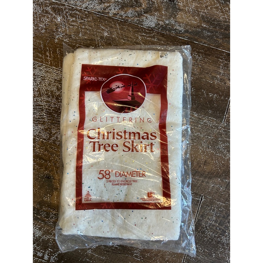 Vintage Sparkl-Tex Glittering Christmas Tree Skirt 58 Inch White Made in USA